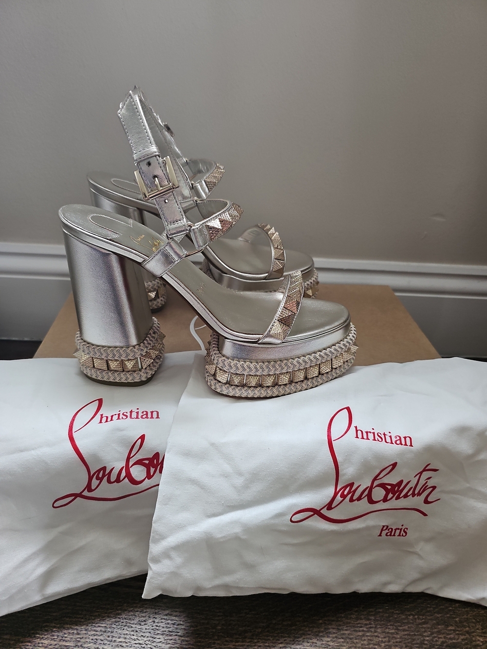Christian Louboutin Superaclou Silver Gold Platform Ankle Strap Sandals Sz 37